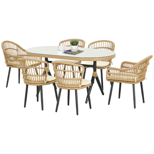 Set Tavolo con Vetro Temperato e 6 Sedie con Cuscini da Giardino in Acciaio e PE Rattan Naturale Nero e Beige prezzo