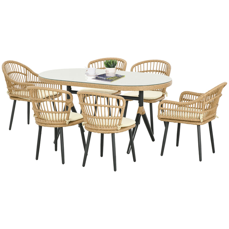 Set Tavolo con Vetro Temperato e 6 Sedie con Cuscini da Giardino in Acciaio e PE Rattan Naturale Nero e Beige-1