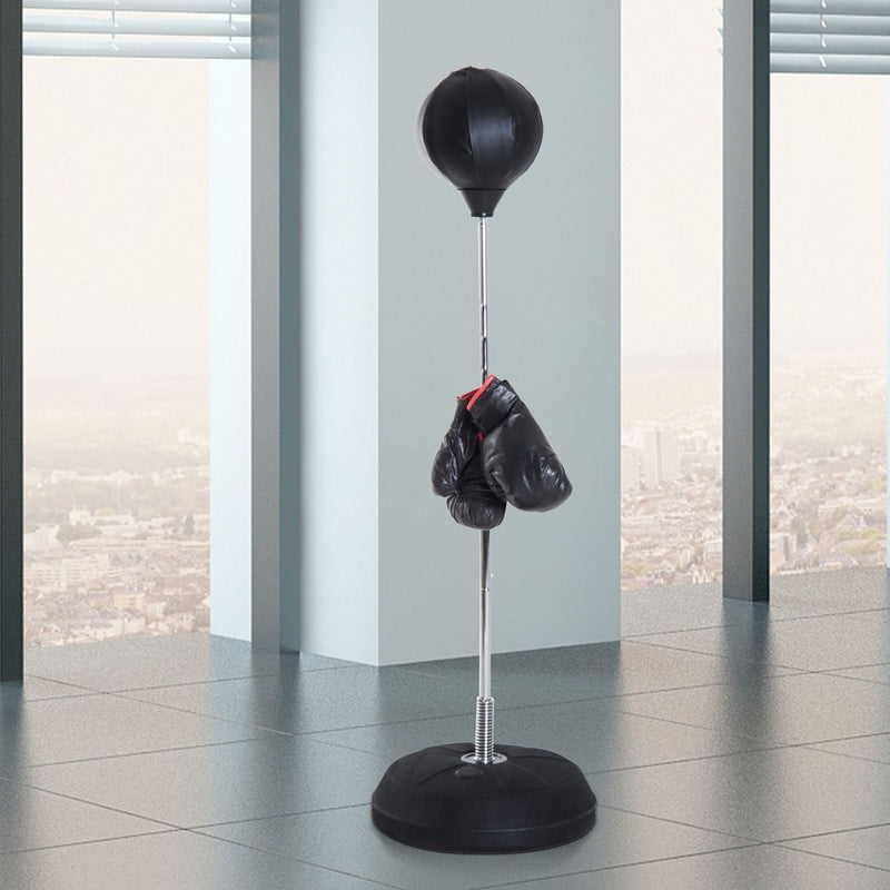 Punching Ball Sacco Boxe da Terra Altezza Regolabile 126-144 cm con Guantoni Nero-2