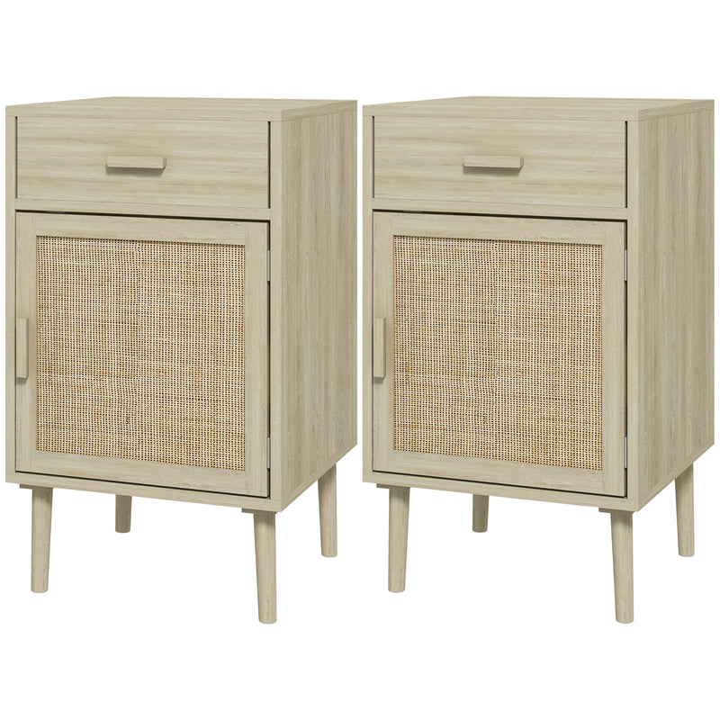 Set 2 Comodini per Camera da Letto con Cassetto e Anta 40x40x68,5 cm in Rattan Stile Boho Naturale-1