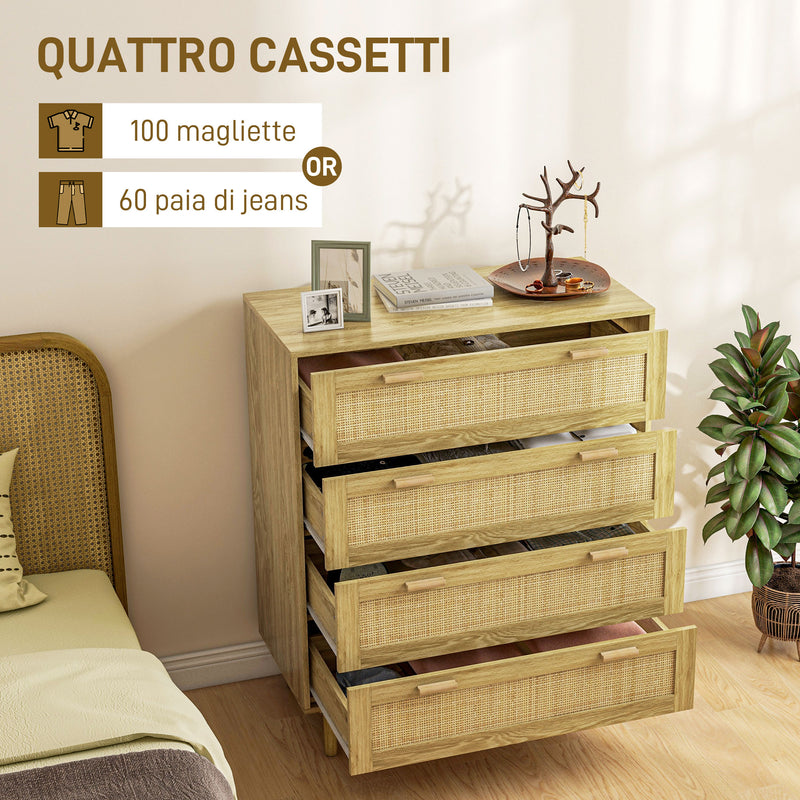 Cassettiera 4 Cassetti Stile Boho 90x45x108,5 cm in Legno e Rattan Rovere -5