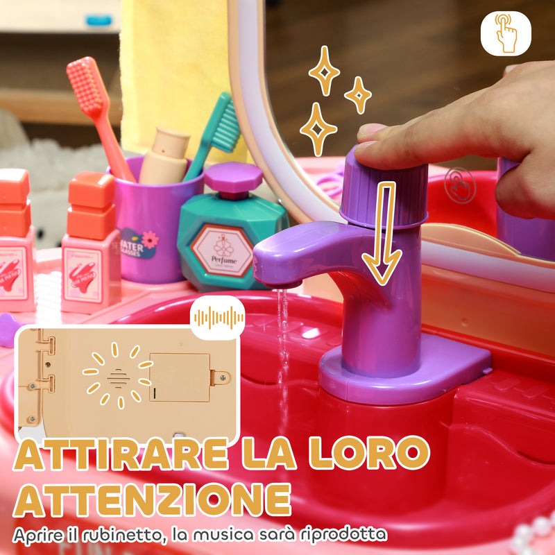 Specchiera Giocattolo per Bambini Tavolo Toeletta con Accessori e Rubinetto Rosa  -6