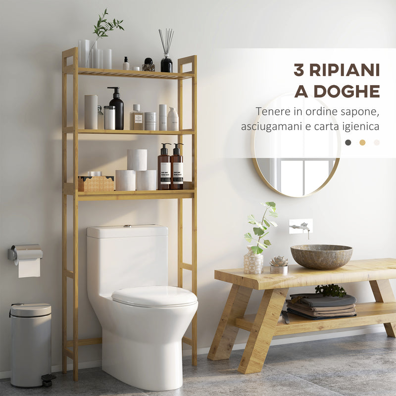 Mobile Sopra WC Salvaspazio a 3 Ripiani Aperti a Doghe 68x20x165 cm in Bambù -4