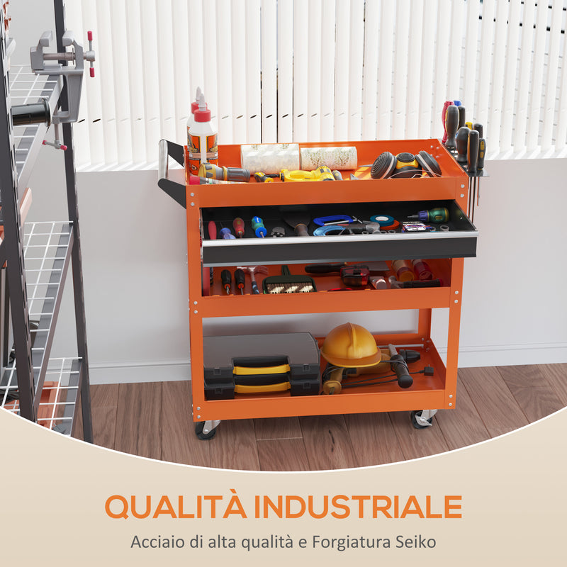 Carrello Porta Attrezzi con Manico Laterale 3 Ripiani e Cassetto 82x35x76 cm in Acciaio Arancione -6