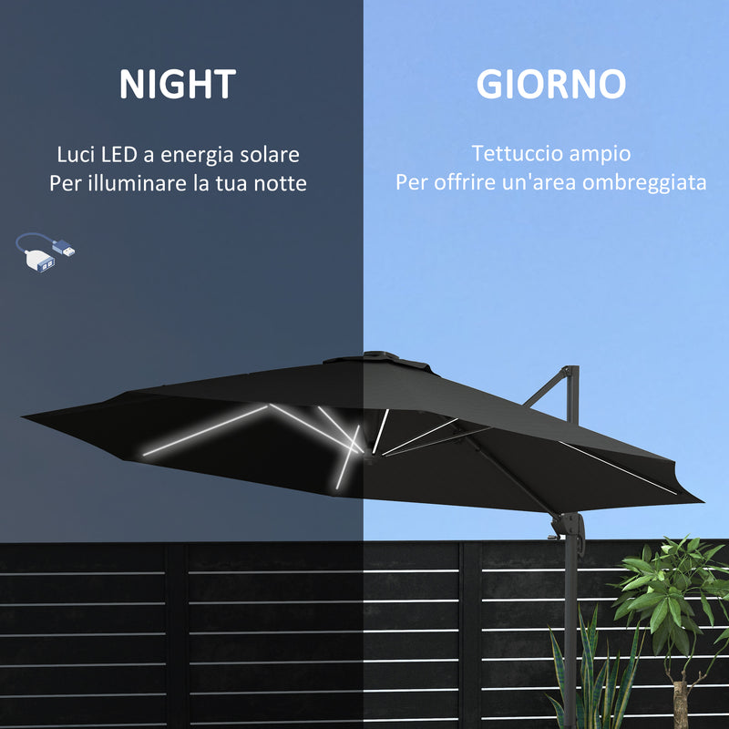 Ombrellone a Braccio per Esterno con Luci a LED e Angolo Regolabile Ø3x2,5 m in Alluminio e Poliestere Grigio-4