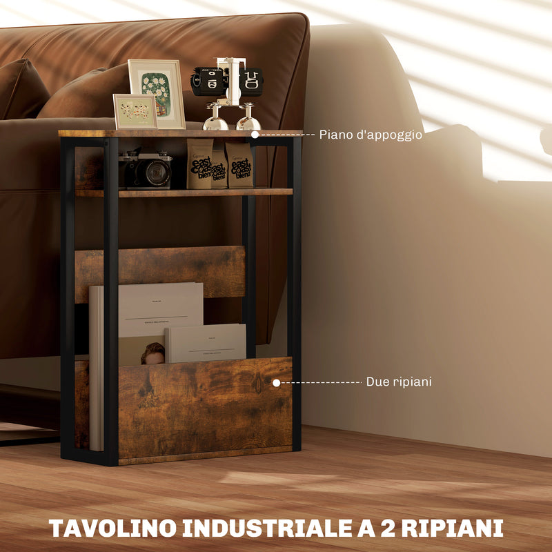 Tavolino da Soggiorno Laterale 46x18x58,5 cm in Stile Industriale 2 Ripiani in Legno e Metallo Marrone-4