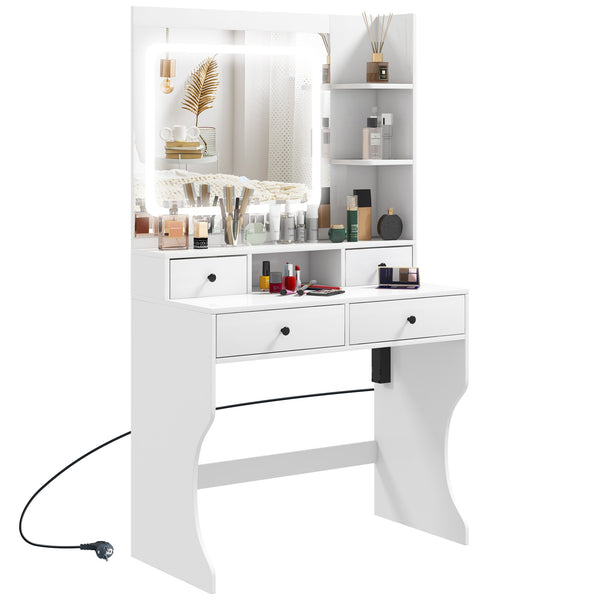 acquista Consolle Trucco con Luci LED 3 Tonalità Specchio e Prese USB 90x45x160 cm Bianco