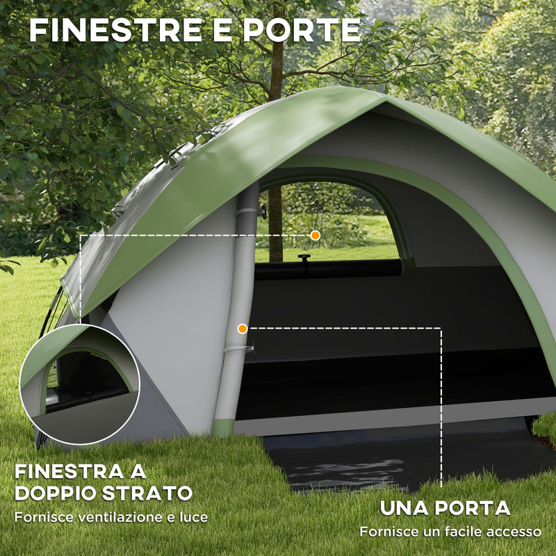 Tenda da Campeggio 2 Posti con Finestra a Rete 210x210x150 cm in Poliestere e Fibra di Vetro Grigio e Verde-6