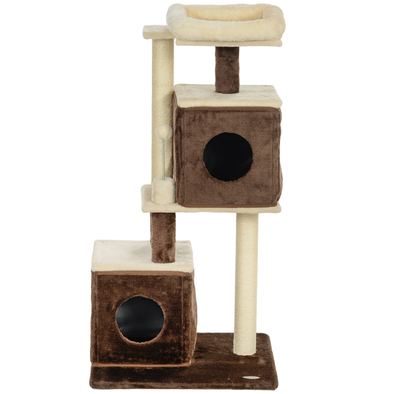 Albero Tiragraffi per Gatti 55x48x107 cm 2 Casette Lettino e Pallina in Tessuto Peluche Marrone e Beige -1