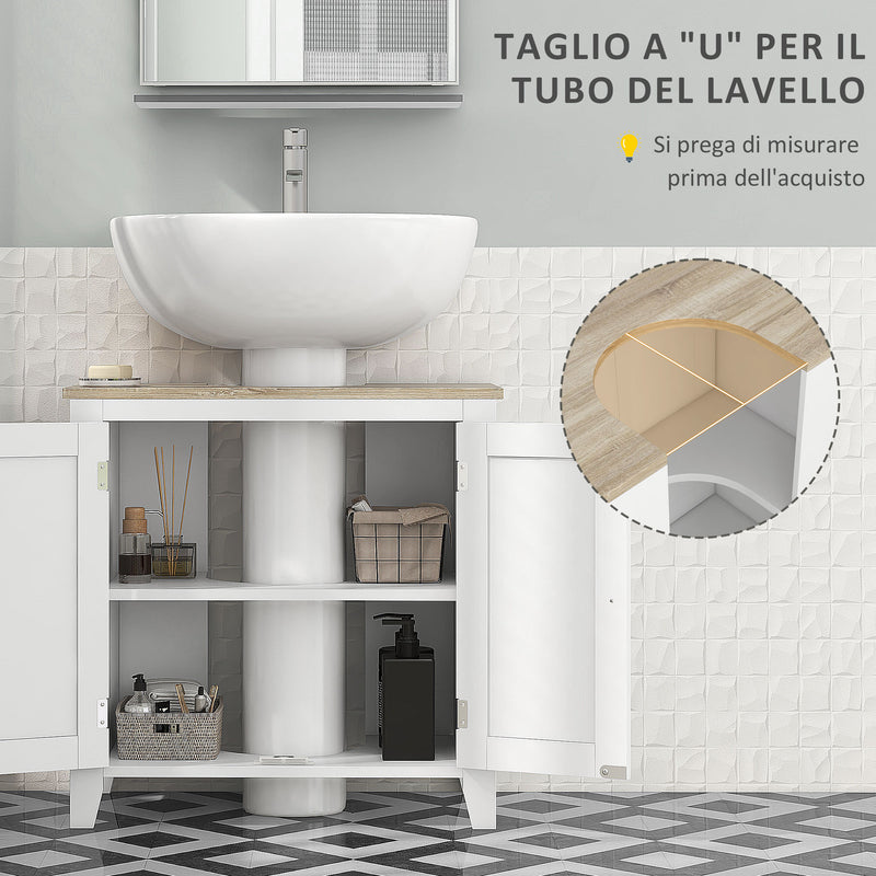 Mobile Sottolavabo Bagno a U con Ripiano Regolabile Interno 60x30x60 cm in MDF Bianco e Legno-4