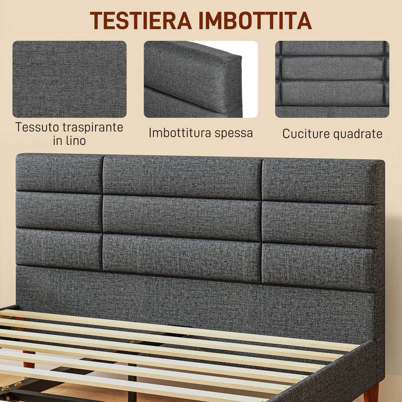 Struttura Letto Matrimoniale con Testiera 141x207x88 cm in Tessuto effetto Lino Grigio  -4