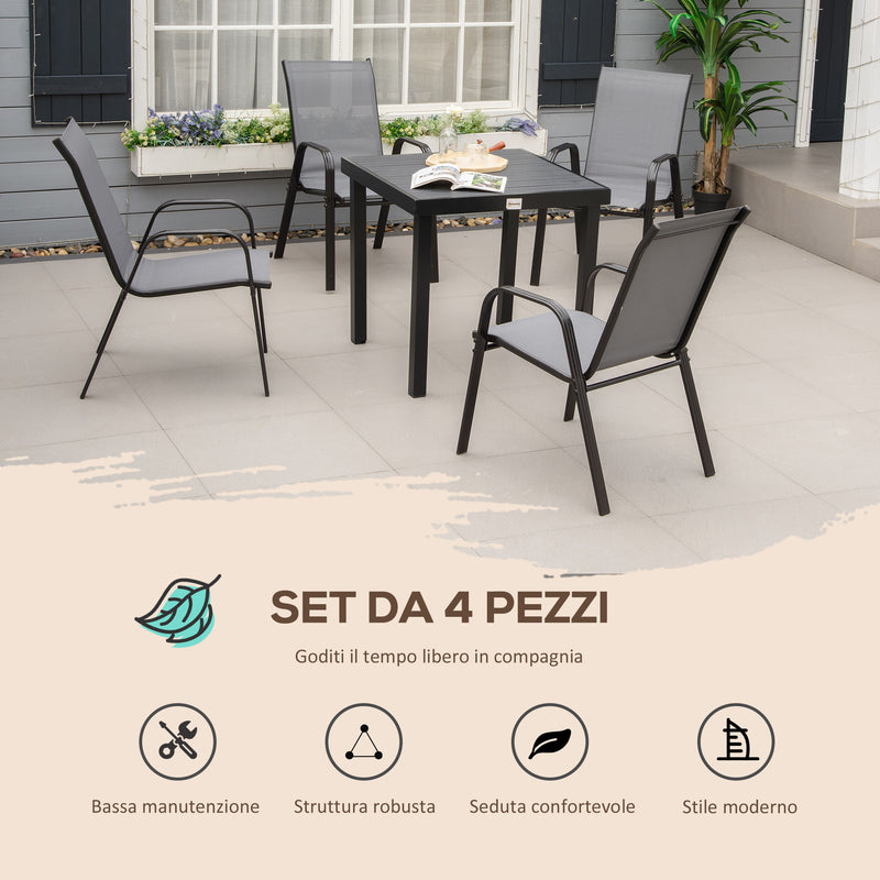 Set 4 Sedie da Giardino Impilabili 54x75,5x95 cm con Braccioli in Metallo e Tessuto a Rete Grigio-4