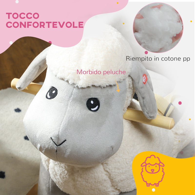 Cavallo a Dondolo per Bambini in Legno e Peluche Pecorella Grigio  -7