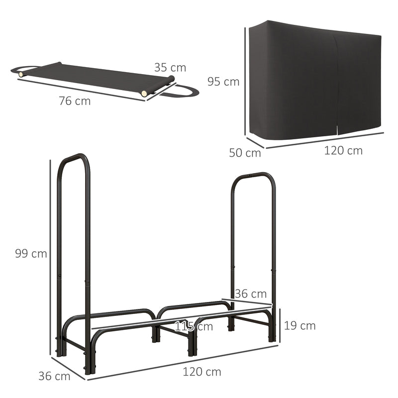 Portalegna per Camino da Interno ed Esterno con Telo Porta Legna e Copertura 120x36x99 cm in Metallo Nero -3