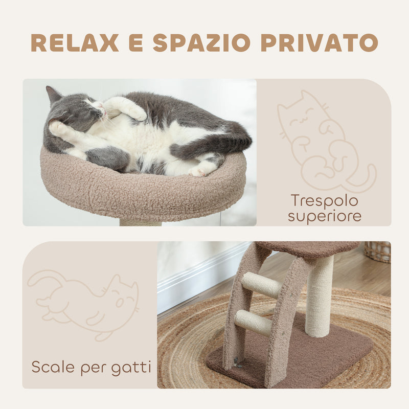 Albero Tiragraffi per Gatti 3 Livelli 48x40x88 cm Cuccia Rialzata in Juta e Peluche Bianco e Marrone-5