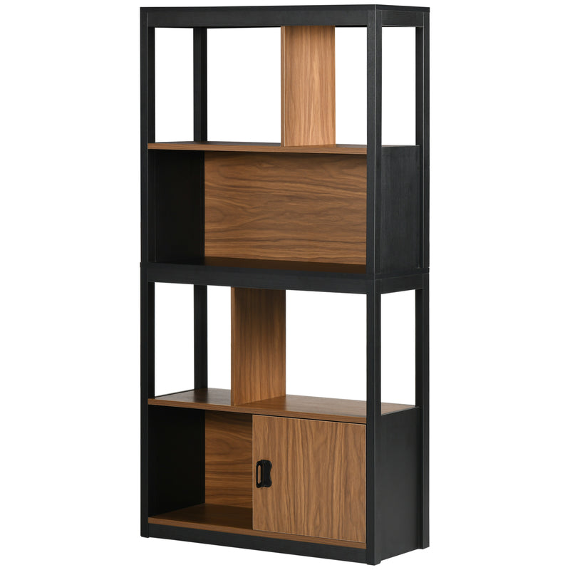 Mobile Libreria  4 Livelli Aperti con Armadietto 76.5x30x150 cm in Truciolato e MDF Marrone e Nero-1