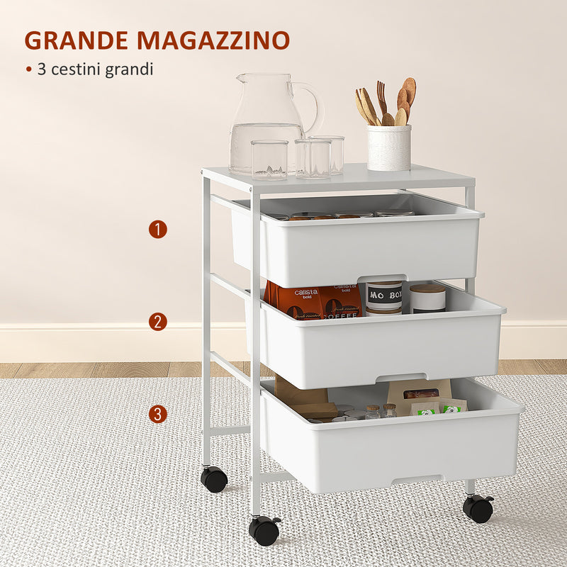 Carrello Multiuso con 3 Cestini Estraibili e Ruote 40,8x33,5x60,5 cm in Acciaio e PP Bianco-4