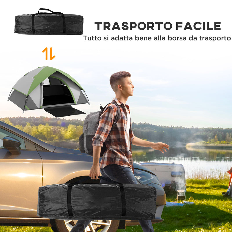 Tenda da Campeggio 2 Posti con Finestra a Rete 210x210x150 cm in Poliestere e Fibra di Vetro Grigio e Verde-7