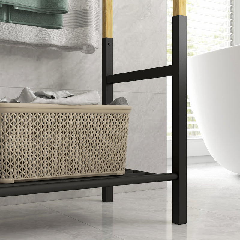 Piantana Portasciugamani da Bagno da Terra 3 Barre e Ripiano Inferiore 51x31x85,5 cm in Bambù e Acciaio Nero-8