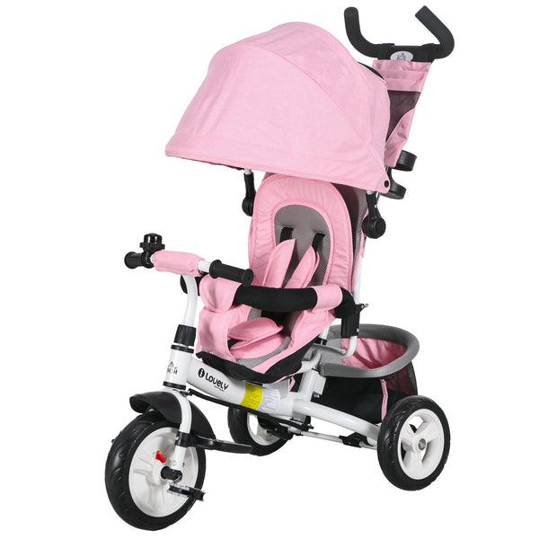 online Triciclo per Bambini 1-5 Anni 102x49x102 cm con Maniglione e Tettuccio Regolabile Bianco e Rosa