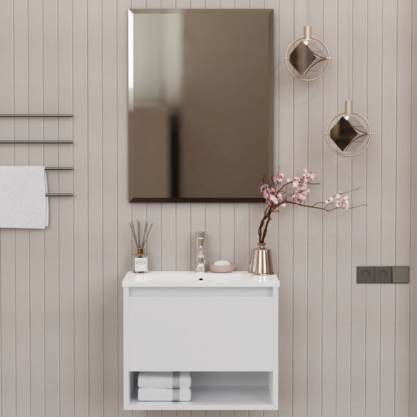 sconto Mobile Bagno Sospeso 60 cm Lavabo e Specchio Milano Bianco Lucido