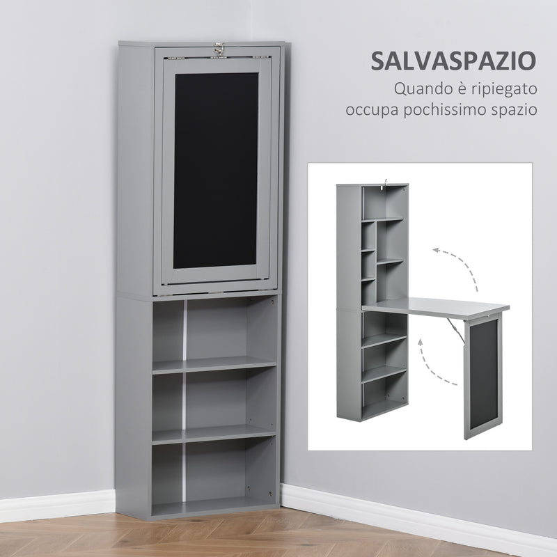 Libreria con Scrivania a Scomparsa Salvaspazio 98x51x153 cm in MDF Grigio -6