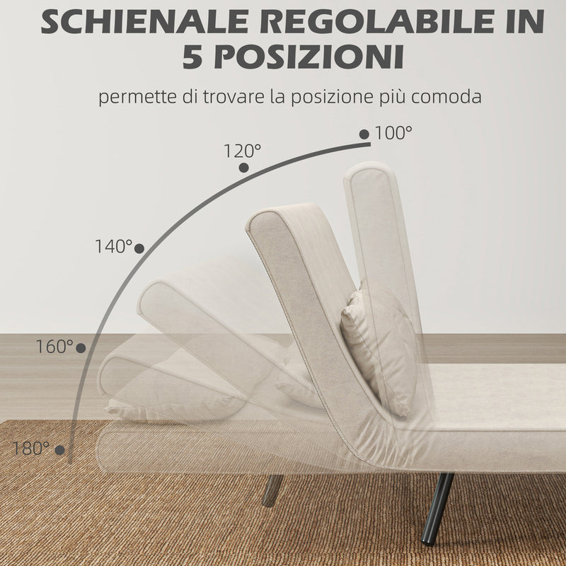 Divano Letto con Schienale Reclinabile e 2 Cuscini in Tessuto Effetto Velluto Bianco Crema  -5