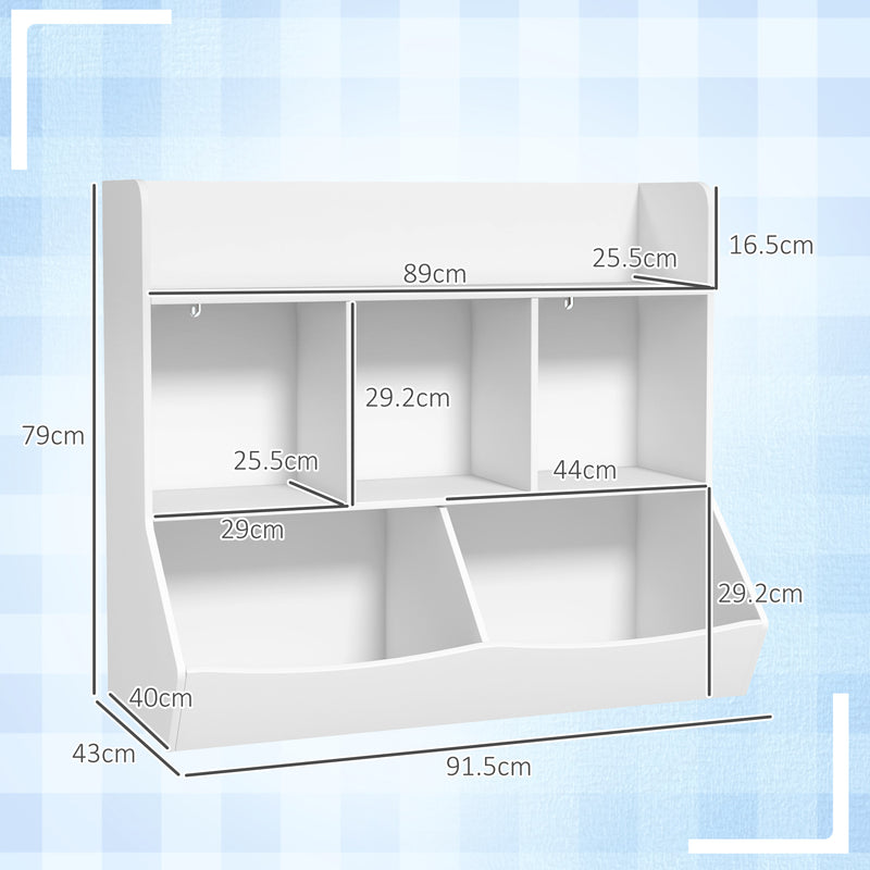 Mobile Portagiochi per Bambini a 3 Livelli con 5 Scomparti 91,5x43x79 cm in Legno Bianco-3