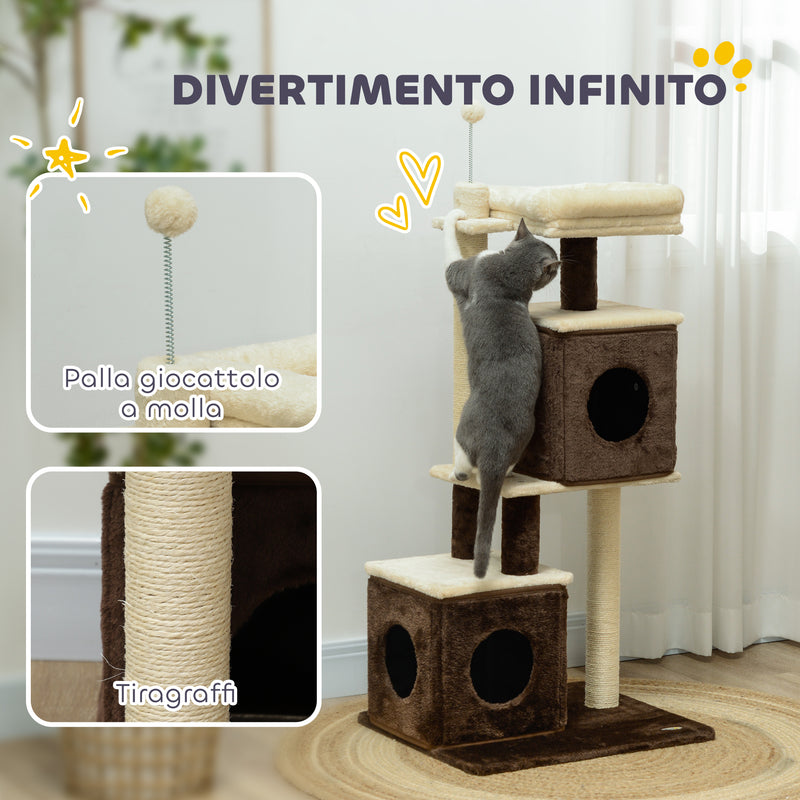 Albero Tiragraffi per Gatti 55x48x107 cm 2 Casette Lettino e Pallina in Tessuto Peluche Marrone e Beige -6