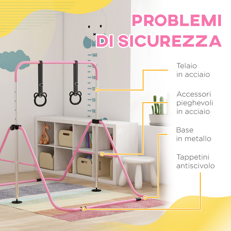 Sbarra per Ginnastica Artistica per Bambini Altezza Regolabile 88-128 cm 2 Anelli Rosa  -5