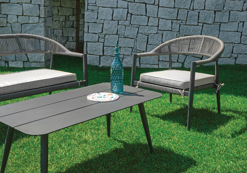 Set Salotto da Giardino Divano 2 Poltrone e Tavolino Milano In Alluminio Antracite con Cuscini Grigio Chiaro-4