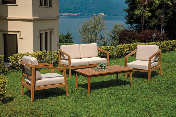 Set Salotto da Giardino Divano 2 Poltrone e Tavolino Riace in Legno Teak con Cuscini Ecrù prezzo