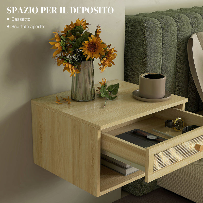 Set 2 Comodini con Cassetto e Ripiani Aperti in stile Nordico 40x34x23 cm in Truciolato e Rattan -6