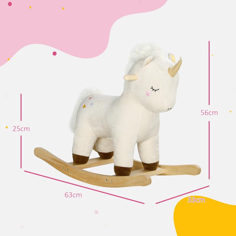 Cavallo a Dondolo per Bambini in Legno e Peluche Unicorno Bianco  -3