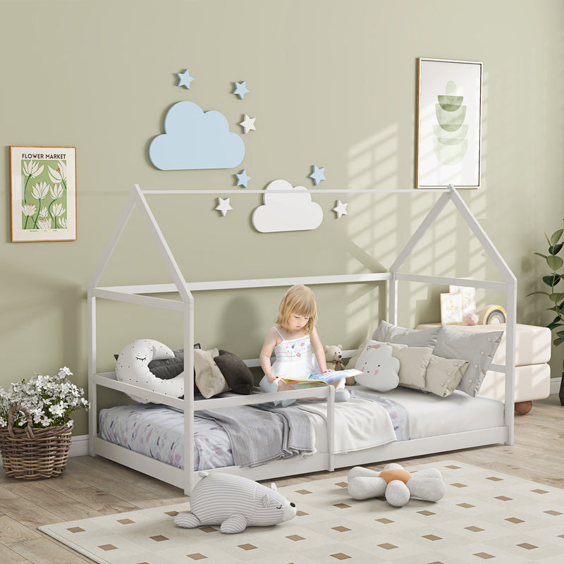 Letto per Bambini con Sponde di Protezione a Forma di Casetta 196x97,5x135 cm Bianco  -2