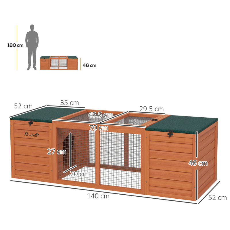 Conigliera in Legno con 2 Casette 140x52x46cm Recinto Centrale e Tetto Apribile Arancione-3