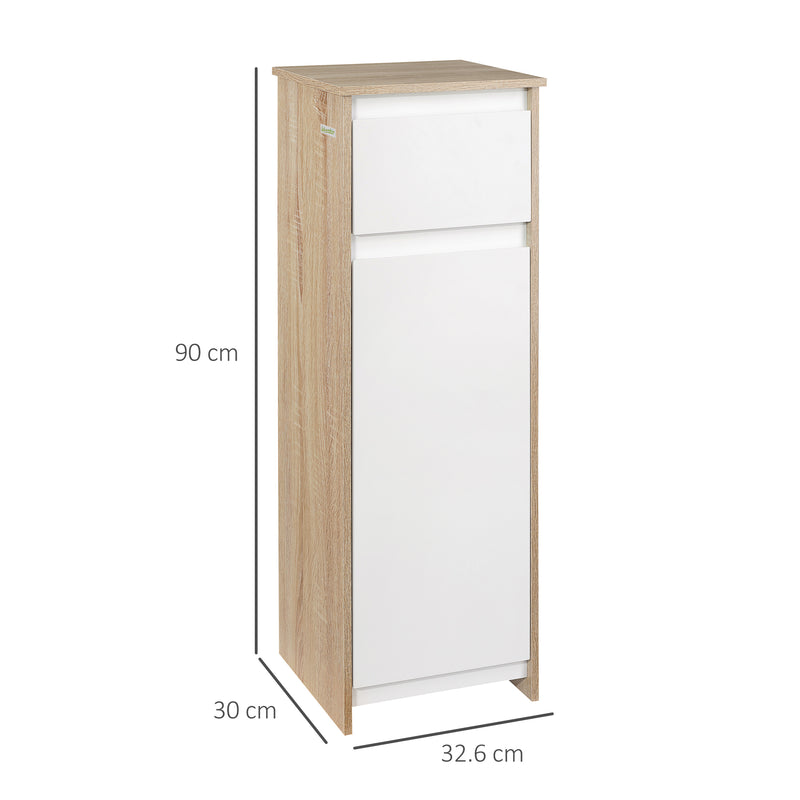 Mobile Bagno con Cassetto e Armadietto con Ripiano Regolabile Interno 32,6x30x90 cm in MDF Bianco e legno naturale-3