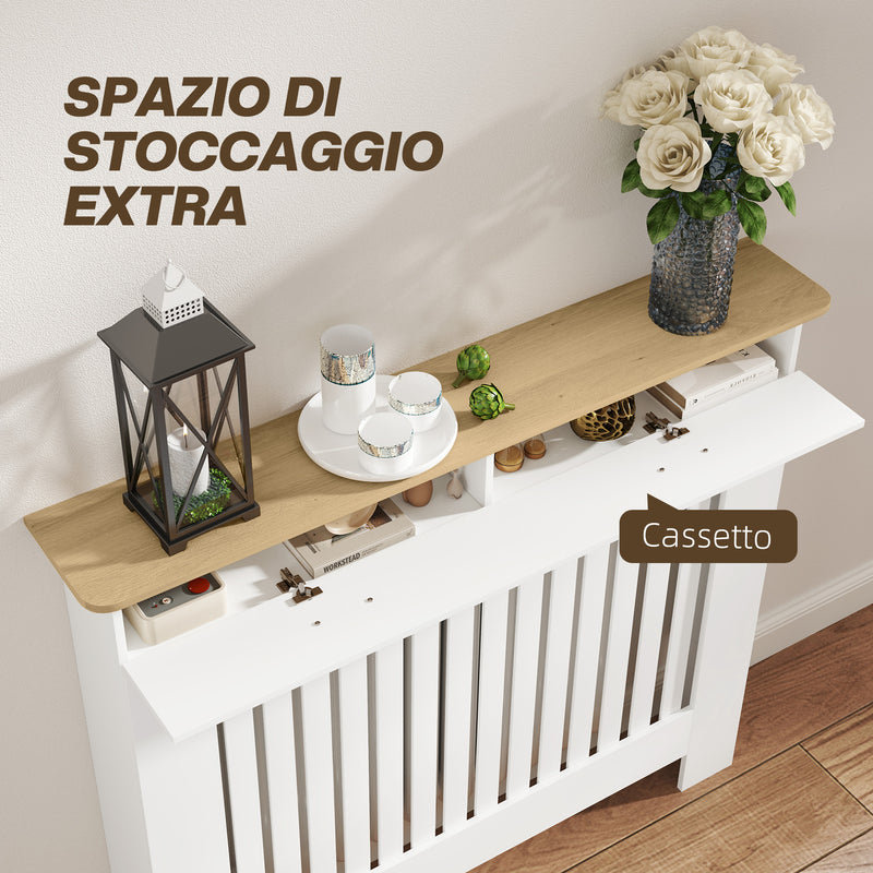 Copritermosifone a Doghe Antiribaltamento 112x19x97 cm con Vano Contenitore in Legno Bianco-6