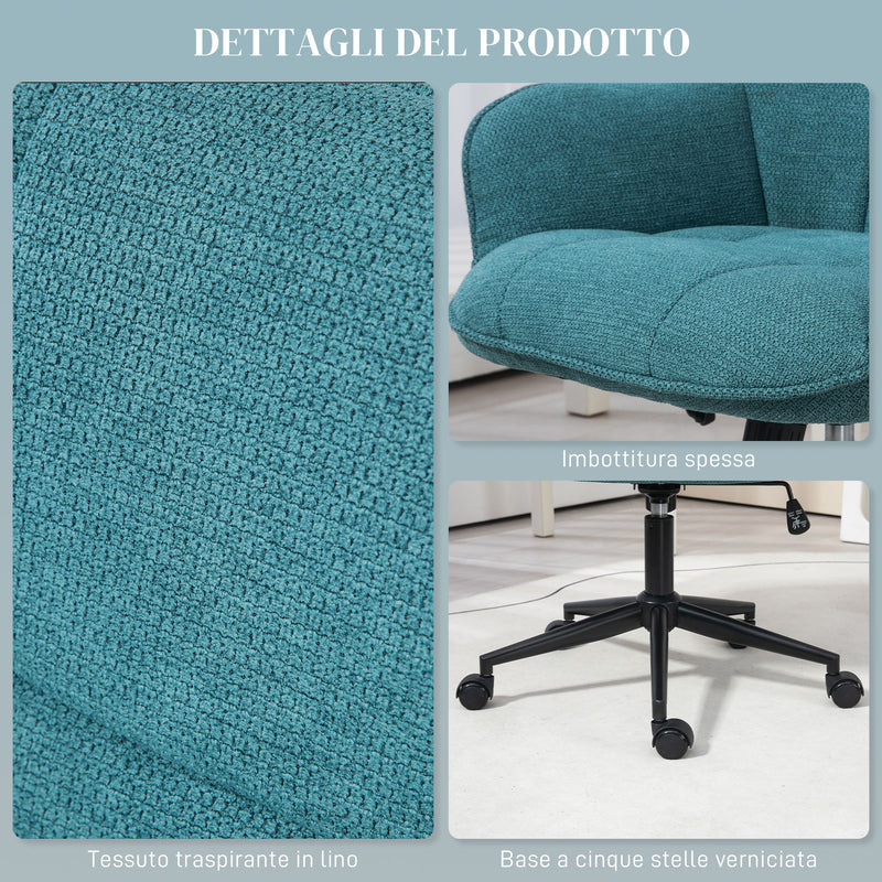 Sedia da Ufficio Girevole ad Altezza Regolabile 63x66x86-96 cm in Tessuto Effetto Lino e Acciaio Verde Scuro-5