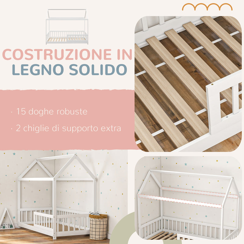 Letto Singolo per Bambini Casetta 96x195x165 cm con Doghe e Recinzione in Legno di Pino Bianco -7