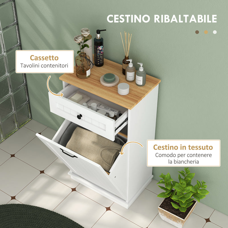 Mobiletto da Bagno Portabiancheria Cesto a Ribalta e Cassetto 52x33x90 cm Bianco -4