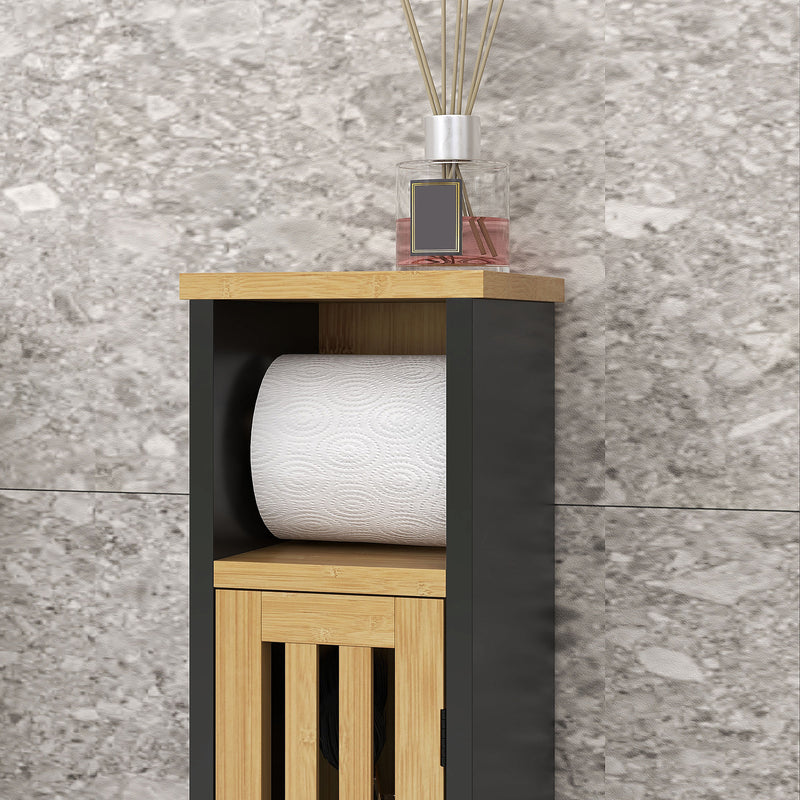 Mobiletto Bagno con Ripiano Aperto e Armadietto 18x18x75 cm in Bambù e MDF Nero e Color Legno-8