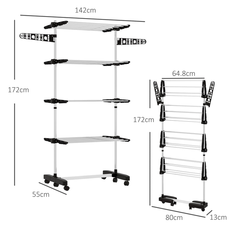 Stendino Verticale 4 Ripiani Regolabili 142x55x172 cm in Acciaio e Plastica Nero e Argento -3