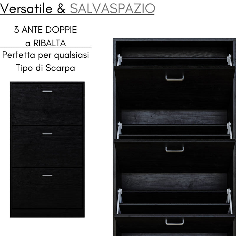 Scarpiera Salvaspazio 3 Ante a Ribalta 60x24x120h cm in Melaminico Venato a Rilievo Nero-4