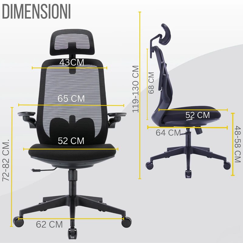 Sedia Direzionale da Ufficio 62x64x119/139 cm Ergonomica con Poggiabraccia Richiudibili Nera-5