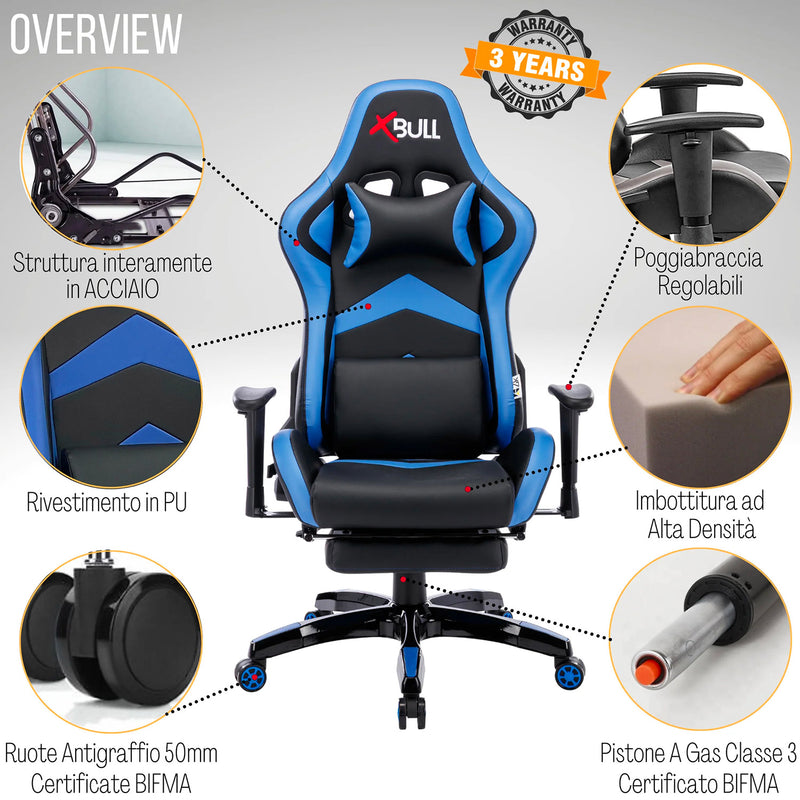 Sedia Gaming da Ufficio 68x55x129/139 cm con Poggiapiedi e Supporto Lombare Blu e Nero-6