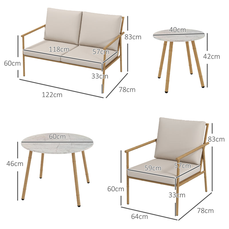 Set Salotto da Giardino con Divano 2 Poltroncine e 2 Tavolini Effetto Bambù con Cuscini Marrone-3