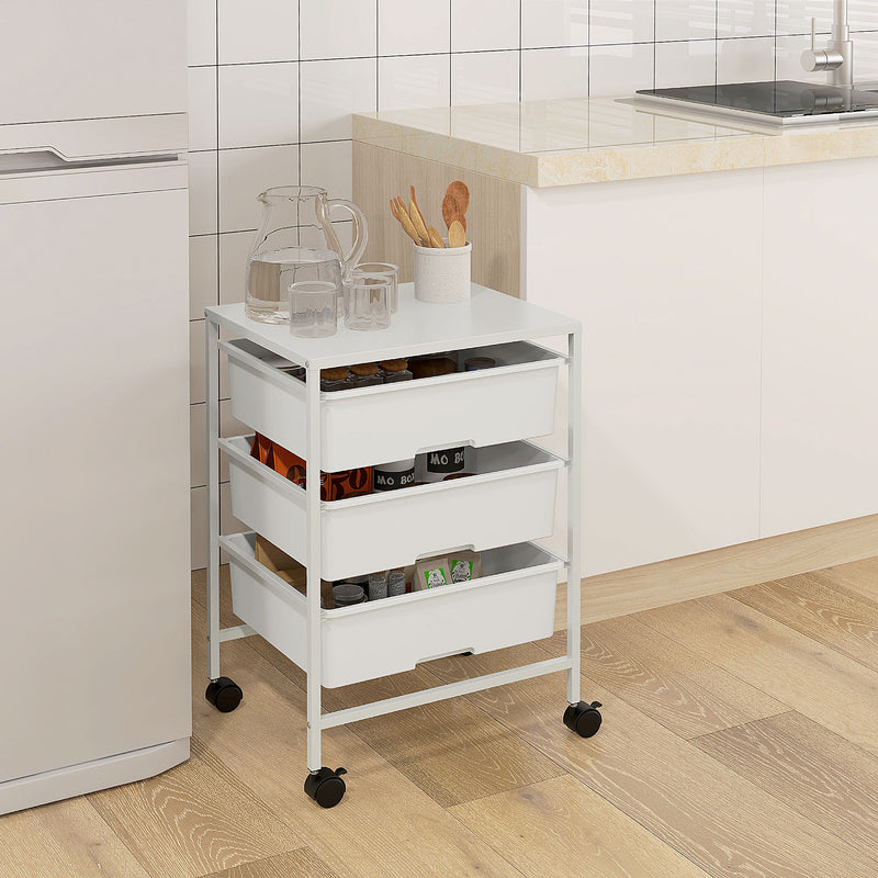 Carrello Multiuso con 3 Cestini Estraibili e Ruote 40,8x33,5x60,5 cm in Acciaio e PP Bianco-2