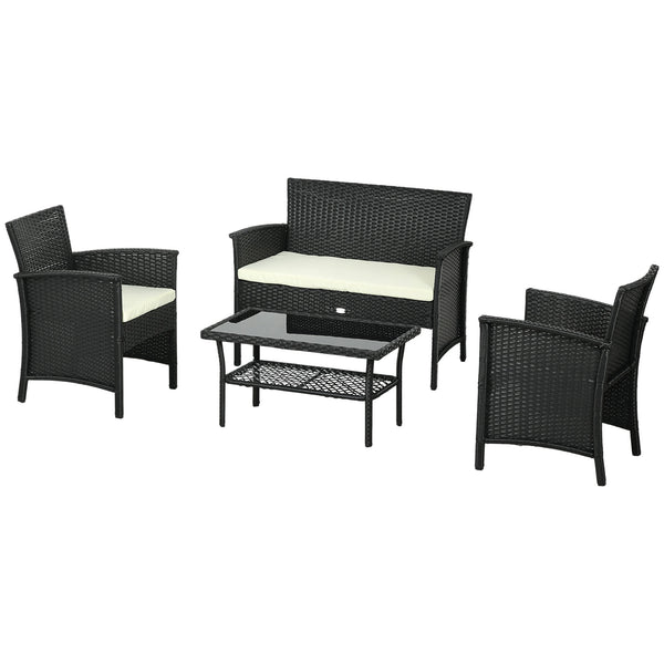 Set Salotto da Giardino Divano 2 Poltrone con Cuscini e Tavolino in Vetro in Rattan PE Nero prezzo