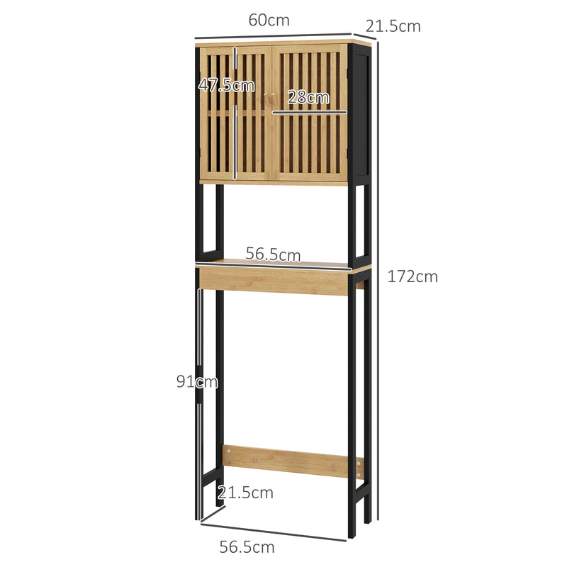 Mobile Sopra WC con Armadietto 2 Ante a Doghe e Ripiano Aperto 60x21,5x172 cm in Bambù e MDF Legno Naturale e Nero-3